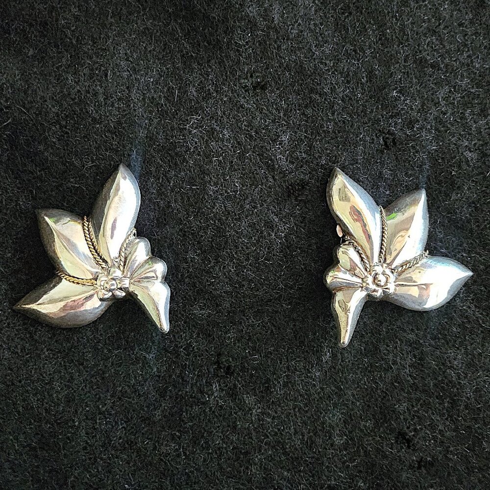 Vintage Taxco Mexico Silver Abstract Leaf Clip On Earrings